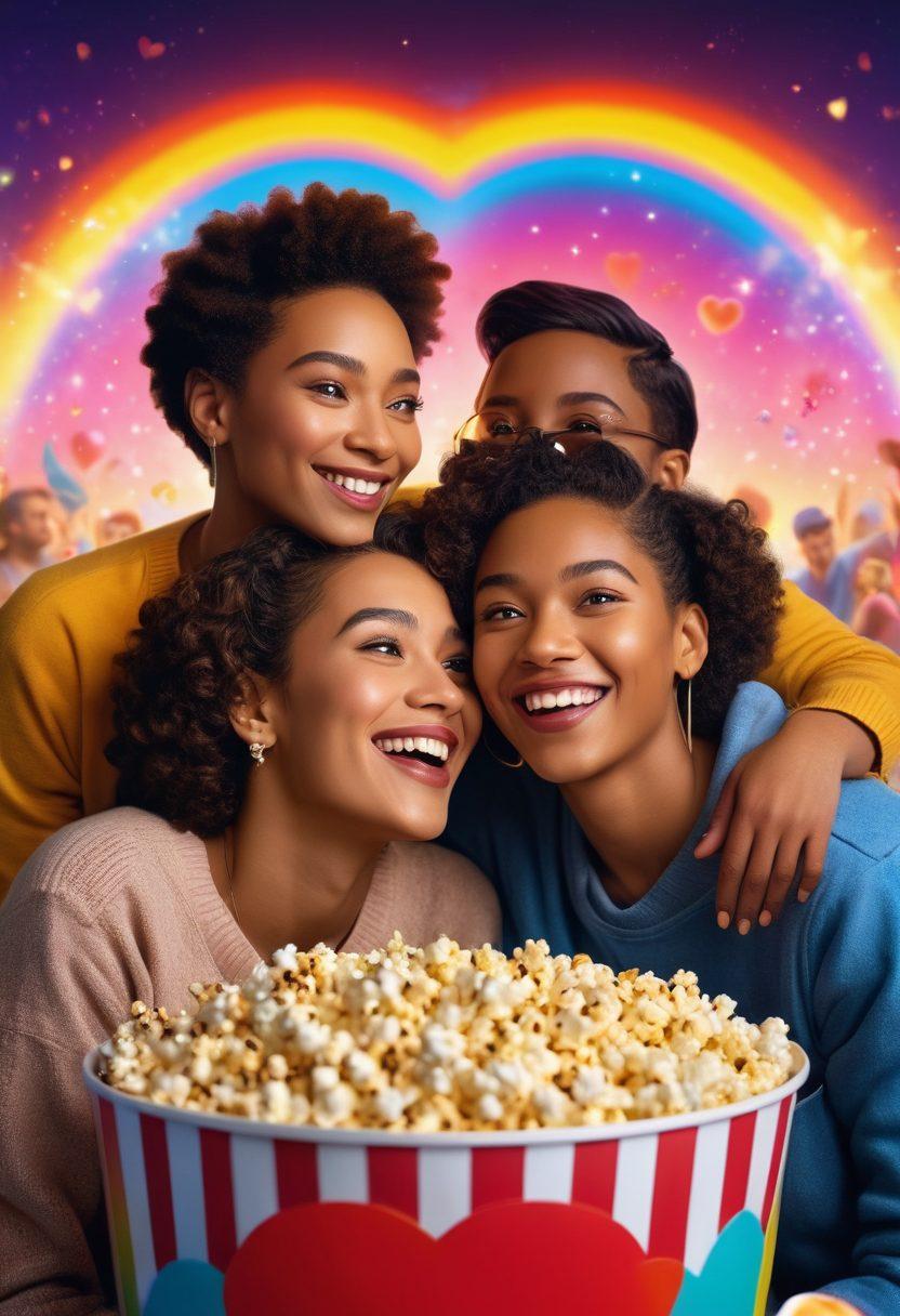 A vibrant cinema setting filled with diverse groups of people joyfully watching a film together, surrounded by colorful rainbow lights and heart-shaped decorations. Featuring a large screen displaying iconic LGBTQ film scenes, with laughter and love in the air. Characters of varying genders and ethnicities are depicted sharing popcorn and smiles. super-realistic. vibrant colors. warm ambiance.