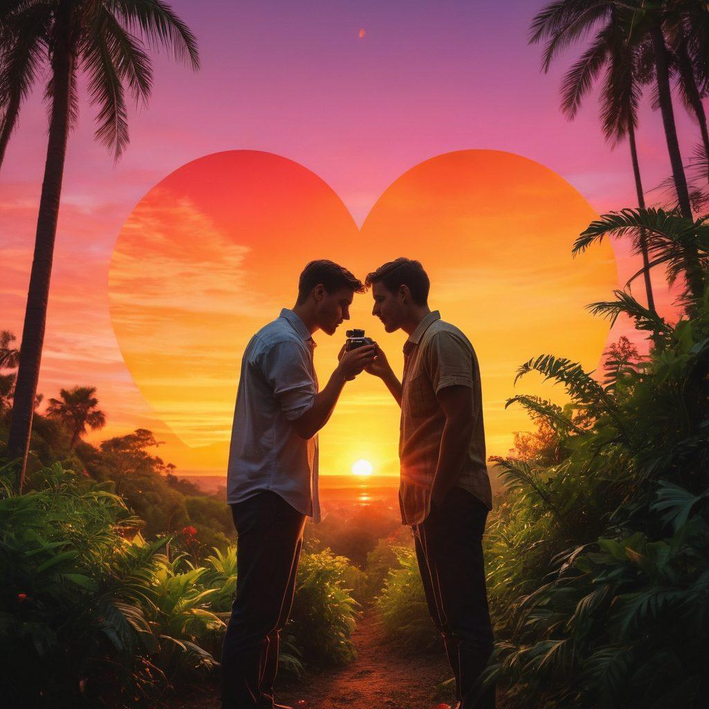 A vivid cinematic scene featuring two men sharing a tender moment under a colorful sunset. The background showcases a movie reel winding through lush greenery, symbolizing love stories in film. Add film cameras and heart motifs to enrich the visual narrative of gay cinema. Emphasize vibrant colors and emotional expressions to evoke warmth and connection. super-realistic. vibrant colors. sunset backdrop.