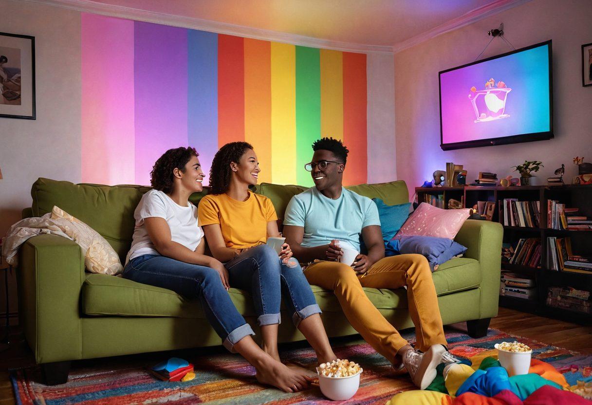 A vibrant film reel unspooling colorful scenes depicting diverse queer couples enjoying various activities, like watching movies in a cozy living room and attending pride parades. Include elements like rainbow flags, popcorn, and a soft glow of fairy lights creating a joyful atmosphere. Frame the image with a film projector casting shadows of heart shapes. super-realistic. vibrant colors. cozy ambiance.